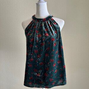 Loft Floral Velvet Shirred Halter Top Size XSmall Green Fun Holiday Blouse